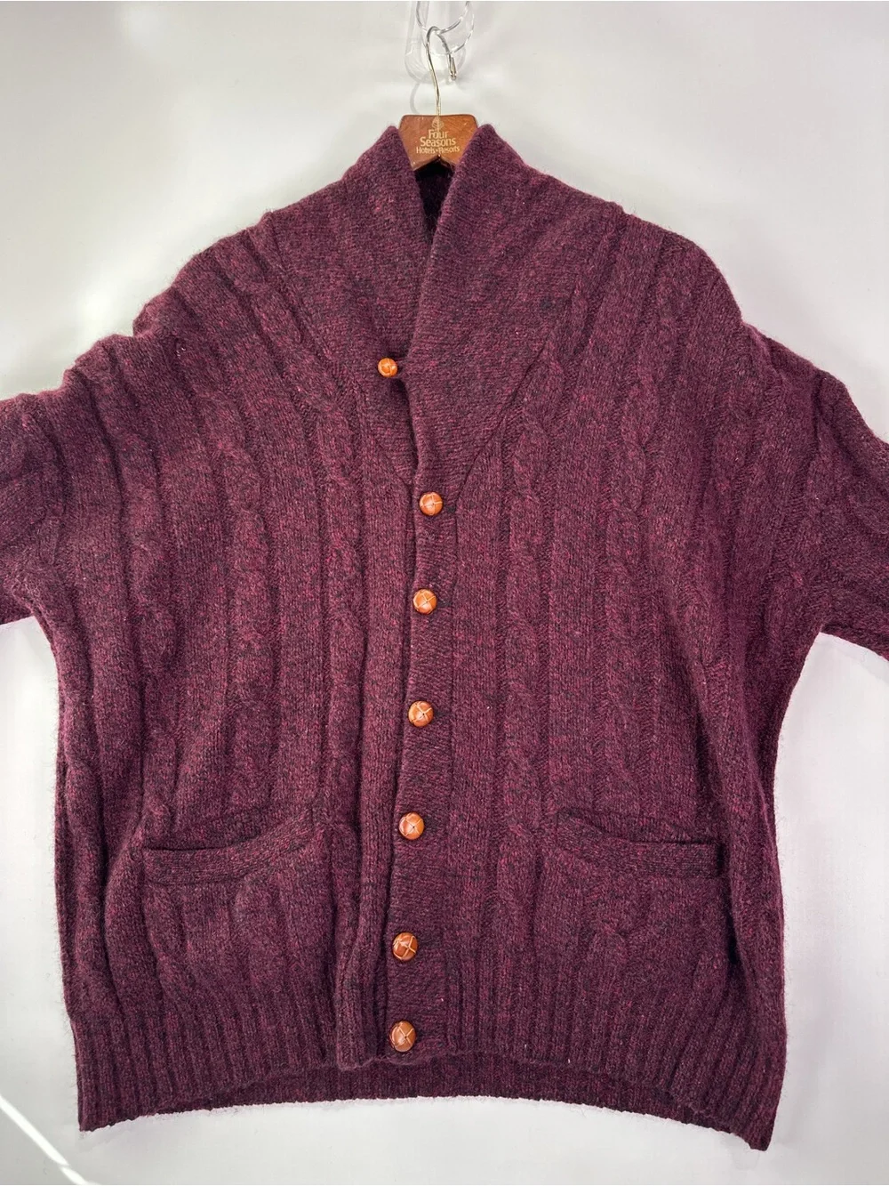 Eddie Bauer Vintage Shawl Collar Cable Knit Wool Cardigan Burgundy XL